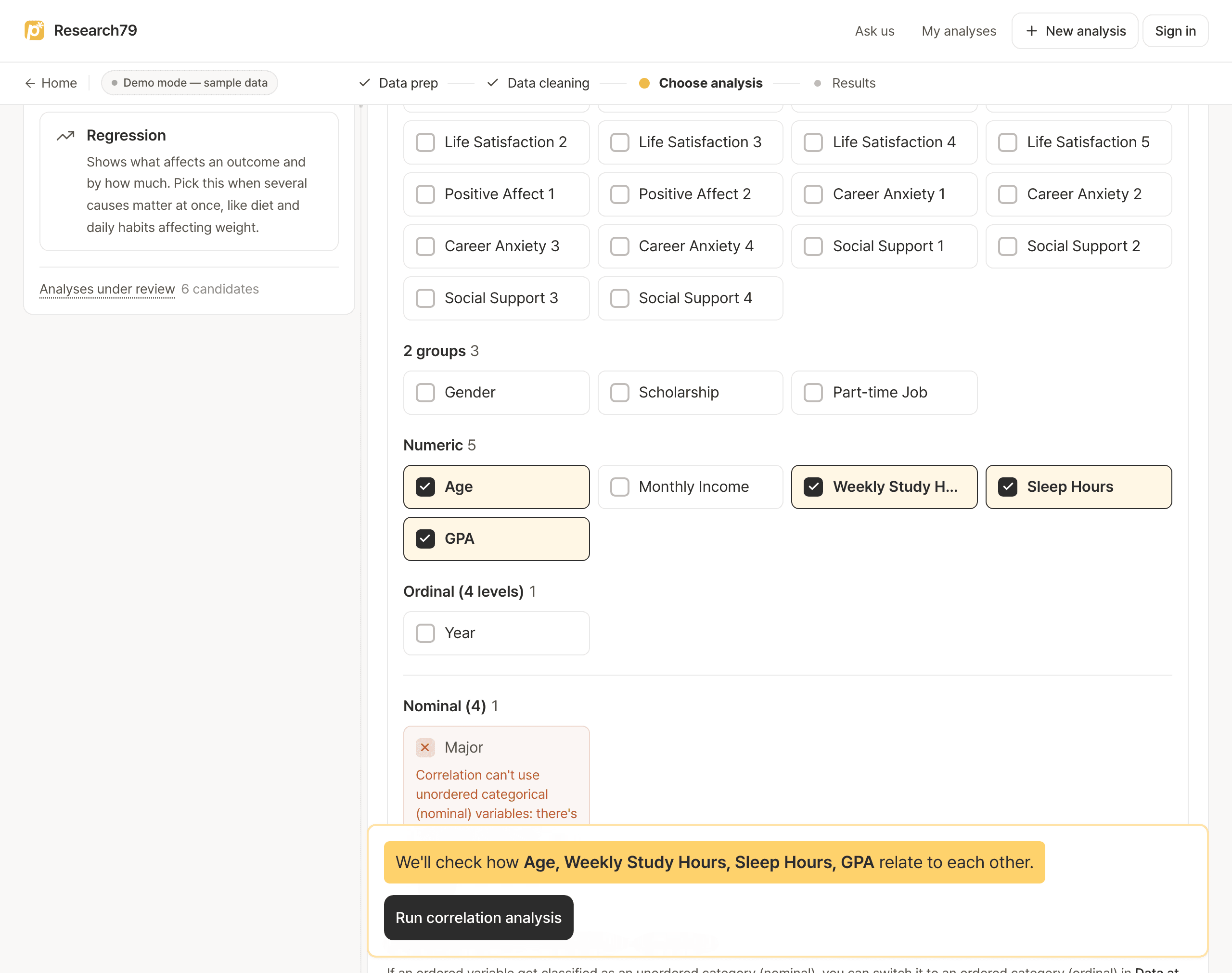 Analysis picker where choosing relationship, difference or effect leads to the matching test and variable selection